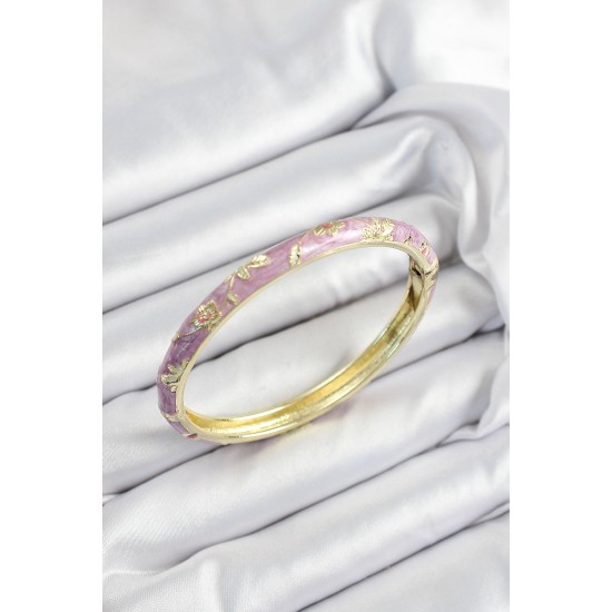 Mineli Pirinç Mor Çiçek Motifli Gold Renk Kadın Kelepçe - TJ-BB7436