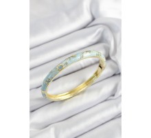 Mineli Pirinç Turkuaz Çiçek Motifli Gold Renk Kadın Kelepçe - TJ-BB7437