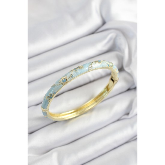 Mineli Pirinç Turkuaz Çiçek Motifli Gold Renk Kadın Kelepçe - TJ-BB7437