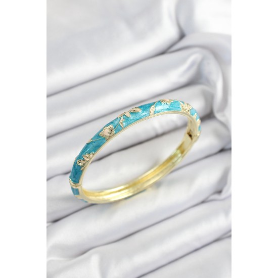 Mineli Pirinç Mavi Çiçek Motifli Gold Renk Kadın Kelepçe - TJ-BB7439