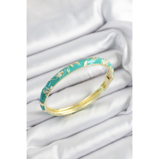 Mineli Pirinç Yeşil Çiçek Motifli Gold Renk Kadın Kelepçe - TJ-BB7442