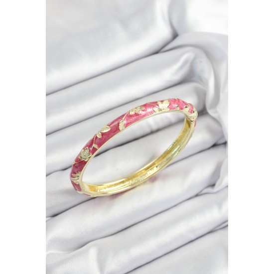 Mineli Pirinç Pembe Çiçek Motifli Gold Renk Kadın Kelepçe - TJ-BB7443