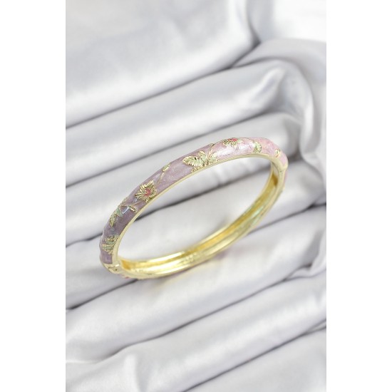 Mineli Pirinç Mor Çiçek Motifli Gold Renk Kadın Kelepçe - TJ-BB7446