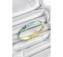 Mineli Pirinç Turkuaz Mavi Çiçek Motifli Gold Renk Kadın Kelepçe - TJ-BB7447