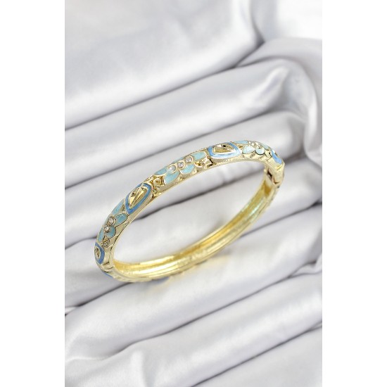 Mineli Pirinç Zirkon Taşlı Turkuaz Çiçek Motifli Gold Renk Kadın Kelepçe - TJ-BB7448