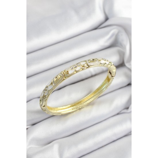 Mineli Pirinç Zirkon Taşlı Gri Beyaz Çiçek Motifli Gold Renk Kadın Kelepçe - TJ-BB7449