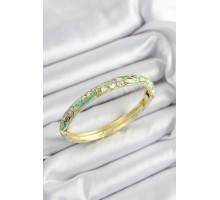 Mineli Pirinç Zirkon Taşlı Yeşil Çiçek Motifli Gold Renk Kadın Kelepçe - TJ-BB7450