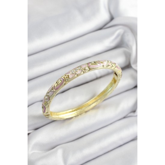 Mineli Pirinç Zirkon Taşlı Fuşya Çiçek Motifli Gold Renk Kadın Kelepçe - TJ-BB7451