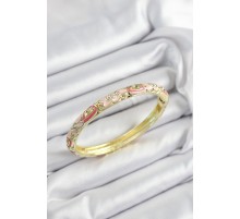 Mineli Pirinç Zirkon Taşlı Pembe Çiçek Motifli Gold Renk Kadın Kelepçe - TJ-BB7453