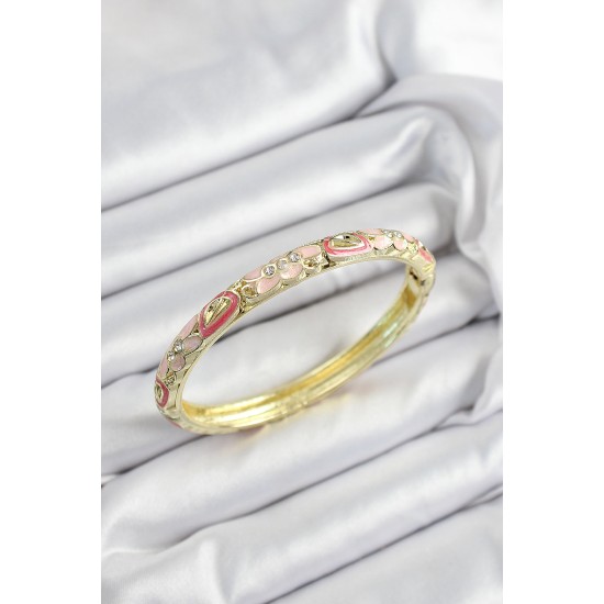 Mineli Pirinç Zirkon Taşlı Pembe Çiçek Motifli Gold Renk Kadın Kelepçe - TJ-BB7453