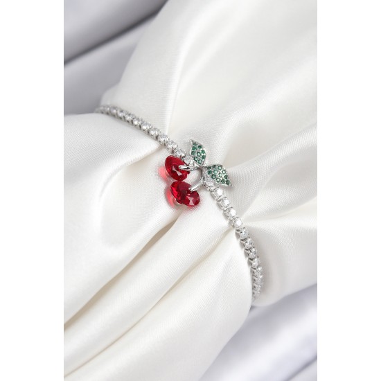 Pirinç Zirkon Taşlı Kiraz Model Gümüş Renk Asansörlü Kadın Bileklik - TJ-BB7454