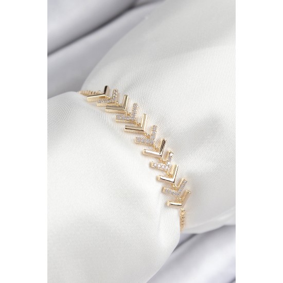 Pirinç Zirkon Taşlı Sıralı Ok Model Gold Renk Asansörlü Kadın Bileklik - TJ-BB7457