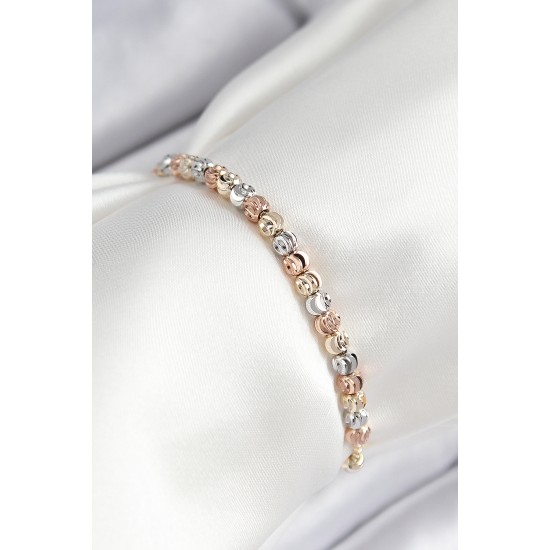 Pirinç Sıralı Boncuk Model Gold Gümüş Roz Renk Asansörlü Kadın Bileklik - TJ-BB7458