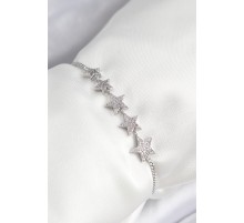 Pirinç Zirkon Taşlı Sıralı Yıldız Model Gümüş Renk Asansörlü Kadın Bileklik - TJ-BB7459