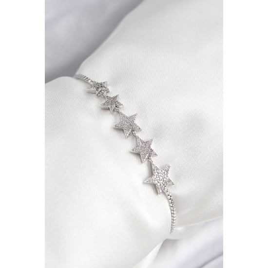 Pirinç Zirkon Taşlı Sıralı Yıldız Model Gümüş Renk Asansörlü Kadın Bileklik - TJ-BB7459