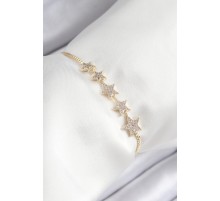 Pirinç Zirkon Taşlı Sıralı Yıldız Model Gold Renk Asansörlü Kadın Bileklik - TJ-BB7460