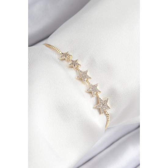 Pirinç Zirkon Taşlı Sıralı Yıldız Model Gold Renk Asansörlü Kadın Bileklik - TJ-BB7460