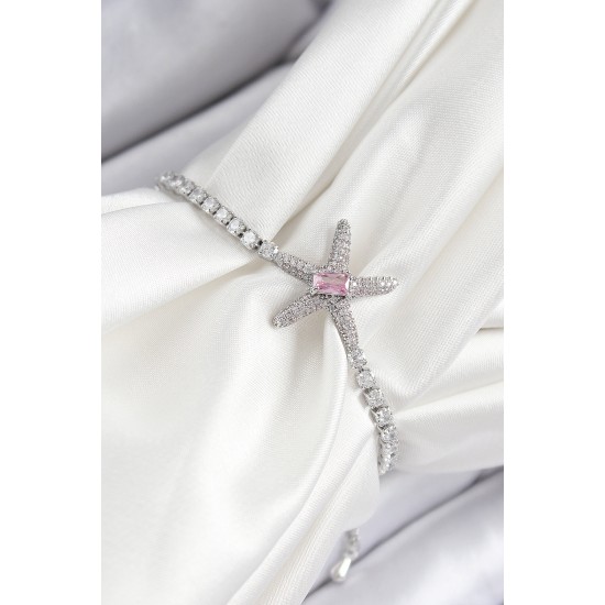 Pirinç Pembe Zirkon Taşlı Deniz Yıldızı Model Gümüş Renk Asansörlü Kadın Bileklik - TJ-BB7461