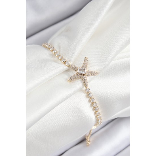 Pirinç Zirkon Taşlı Deniz Yıldızı Model Gold Renk Asansörlü Kadın Bileklik - TJ-BB7462