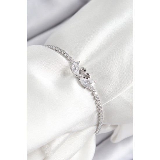 Pirinç Zirkon Taşlı Kuğu Model Gümüş Renk Asansörlü Kadın Bileklik - TJ-BB7463