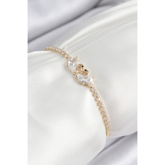 Pirinç Zirkon Taşlı Kuğu Model Gold Renk Asansörlü Kadın Bileklik - TJ-BB7464