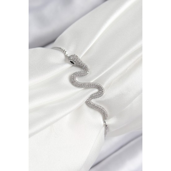 Pirinç Zirkon Taşlı Yılan Model Gümüş Renk Asansörlü Kadın Bileklik - TJ-BB7471