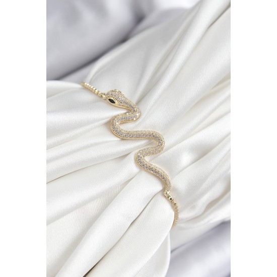 Pirinç Zirkon Taşlı Yılan Model Gold Renk Asansörlü Kadın Bileklik - TJ-BB7472