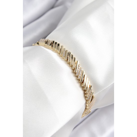 Xuping Pirinç Zirkon Taşlı Eğimli Blok Model Gold Renk Kadın Bileklik - TJ-BB7473