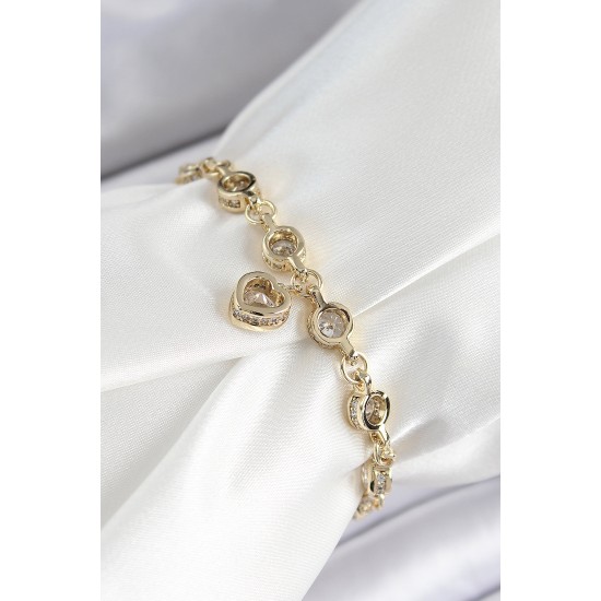 Xuping Pirinç Zirkon Taşlı Sallantılı Kalp Model Gold Renk Kadın Bileklik - TJ-BB7475