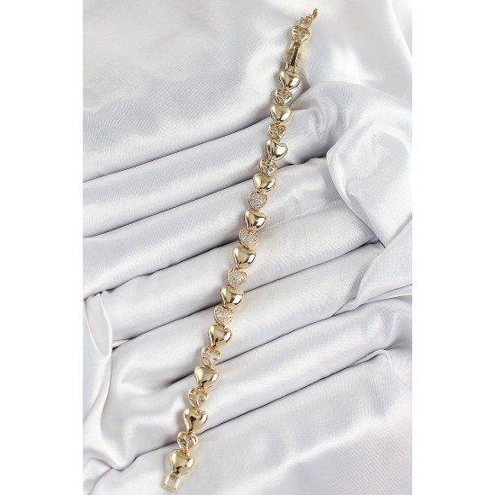 Xuping Pirinç Sıralı Kalp Model Gold Renk Kadın Bileklik - TJ-BB7479