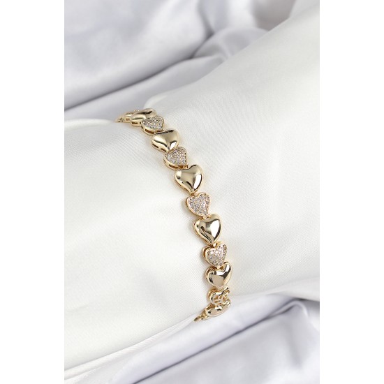 Xuping Pirinç Sıralı Kalp Model Gold Renk Kadın Bileklik - TJ-BB7479