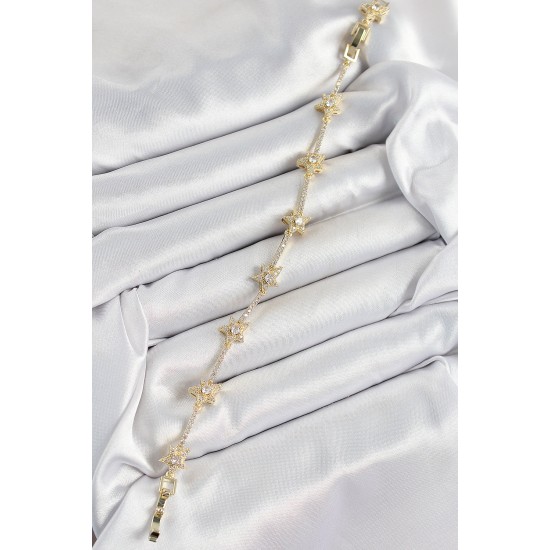 Pirinç Zirkon Taşlı Sıralı Yıldız Model Gold Renk Kadın Bileklik - TJ-BB7487