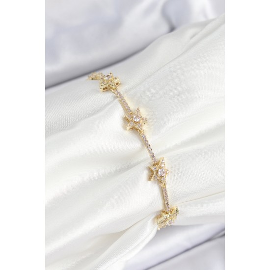 Pirinç Zirkon Taşlı Sıralı Yıldız Model Gold Renk Kadın Bileklik - TJ-BB7487
