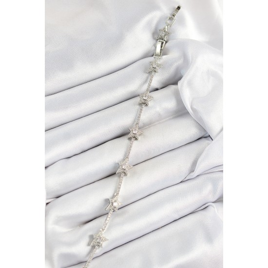 Pirinç Zirkon Taşlı Sıralı Yıldız Model Gümüş Renk Kadın Bileklik - TJ-BB7488