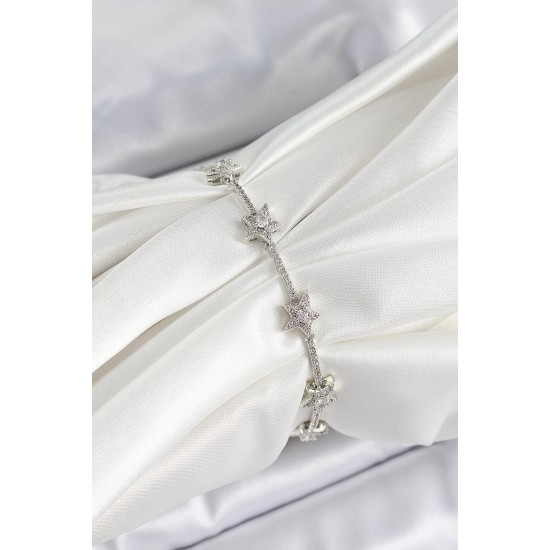 Pirinç Zirkon Taşlı Sıralı Yıldız Model Gümüş Renk Kadın Bileklik - TJ-BB7488