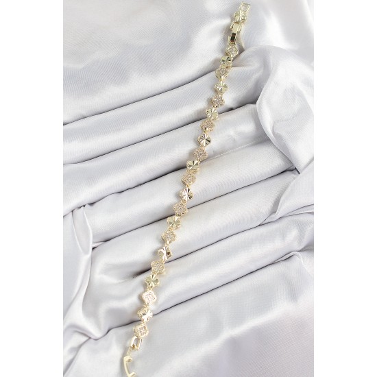 Pirinç Zirkon Taşlı Sıralı Yonca Model Gold Renk Kadın Bileklik - TJ-BB7489