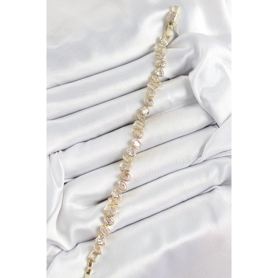 Pirinç Zirkon Taşlı Sıralı Damla Kalp Ve Dikdörtgen Model Gold Renk Kadın Bileklik - TJ-BB7490