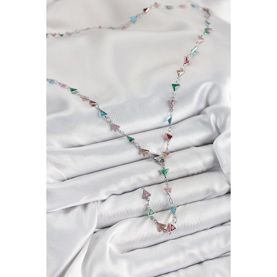 Pirinç Renkli Zirkon Taşlı Üçgen Model Gümüş Renk Kadın Y Kolye - TJ-BKO10383