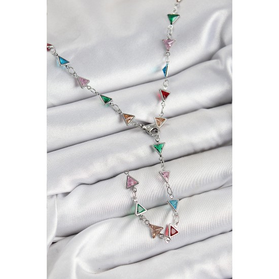 Pirinç Renkli Zirkon Taşlı Üçgen Model Gümüş Renk Kadın Y Kolye - TJ-BKO10383