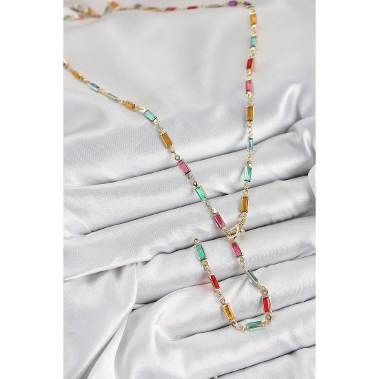 Pirinç Renkli Zirkon Taşlı Dikdörtgen Model Gold Renk Kadın Y Kolye - TJ-BKO10384