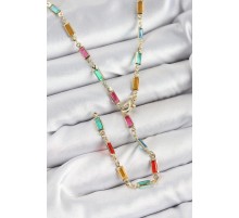 Pirinç Renkli Zirkon Taşlı Dikdörtgen Model Gold Renk Kadın Y Kolye - TJ-BKO10384