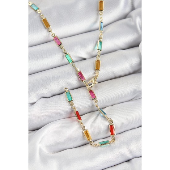 Pirinç Renkli Zirkon Taşlı Dikdörtgen Model Gold Renk Kadın Y Kolye - TJ-BKO10384