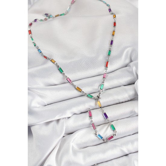 Pirinç Renkli Zirkon Taşlı Dikdörtgen Model Gümüş Renk Kadın Y Kolye - TJ-BKO10385