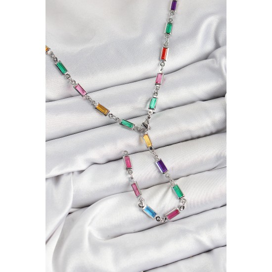 Pirinç Renkli Zirkon Taşlı Dikdörtgen Model Gümüş Renk Kadın Y Kolye - TJ-BKO10385