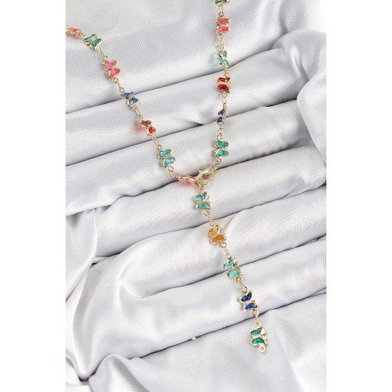 Pirinç Renkli Zirkon Taşlı Kelebek Model Gold Renk Kadın Y Kolye - TJ-BKO10386