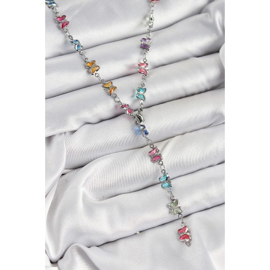 Pirinç Renkli Zirkon Taşlı Kelebek Model Gümüş Renk Kadın Y Kolye - TJ-BKO10387