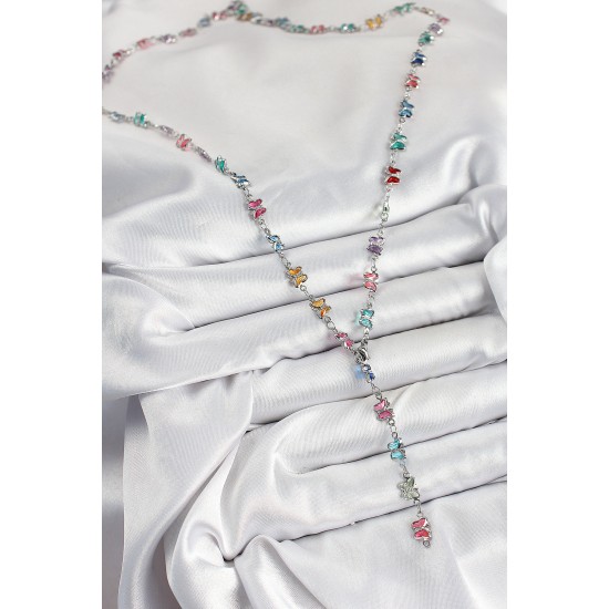 Pirinç Renkli Zirkon Taşlı Kelebek Model Gümüş Renk Kadın Y Kolye - TJ-BKO10387