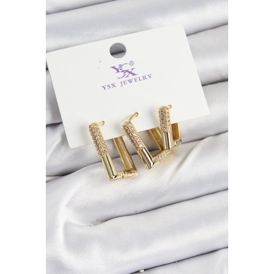 Pirinç Zİrkon Taşlı Dikdörtgen Model Gold Renk 3'lü Kadın Küpe - TJ-BKP10935