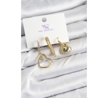 Pirinç Zİrkon Taşlı Kalp Model Gold Renk 3'lü Kadın Küpe TJ-BKP10936