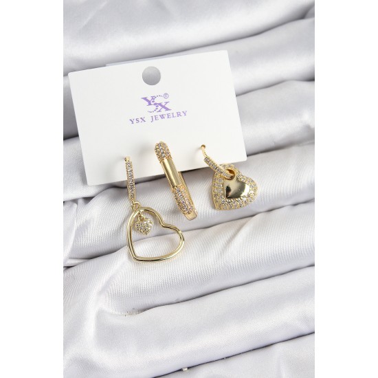 Pirinç Zİrkon Taşlı Kalp Model Gold Renk 3'lü Kadın Küpe - TJ-BKP10936